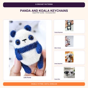 May include: A digital PDF bundle for 5 crochet patterns featuring panda and koala keychains. The image displays a small, crocheted panda in white and dark blue yarn, alongside smaller thumbnail images of a panda keychain, micro panda, koala keychain, and koala Ellie.