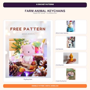 May include: A digital PDF bundle of 5 crochet patterns for farm animal keychains, including a pig, white chicken, cow, chick, and couple pig designs. The text reads 5 CROCHET PATTERNS, FARM ANIMAL KEYCHAINS, Digital PDF bundle - no physical item.