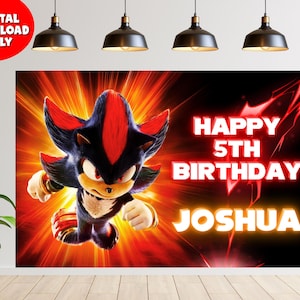 May include: A digital birthday backdrop featuring the character Shadow the Hedgehog in a dynamic pose against a bright red and orange burst background. The text reads HAPPY 5TH BIRTHDAY JOSHUA in bold white letters with a glowing red outline effect.