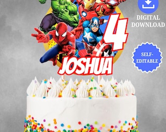 Adorno editable para pastel de cumpleaños de superhéroes, adorno personalizado para pastel de superhéroes, centro de mesa de los Vengadores, adorno imprimible para pastel de los Vengadores, archivo digital