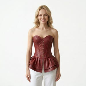 May include: A strapless dark red corset top featuring a structured bodice with vertical seams, a front row of small metallic buttons, and a double-layered ruffled peplum hem that flares out at the waist, paired with plain white trousers.