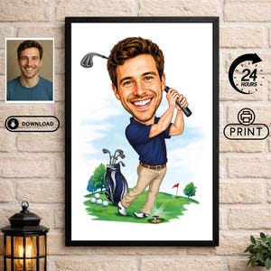 May include: A framed digital caricature illustration of a golfer in a navy blue polo shirt and khaki trousers, holding a golf club. The scene includes a golf bag with clubs, golf balls on a green, and a red flag. Text includes 24 HOURS, DOWNLOAD, and PRINT.