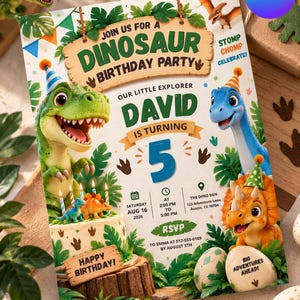 Inbjudan till dinosauriefödelsedagsfest, Stomp Chomp Roar-inbjudan, redigerbar Canvas-mall