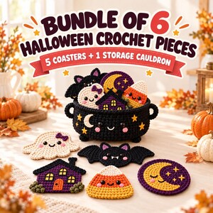 Patrón de posavasos de ganchillo para Halloween, juego de 6 posavasos de Halloween con cesta de caldero, murciélago fantasma y caramelos de maíz, patrón en PDF de descarga instantánea.