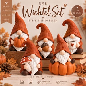 Puede incluir: Un conjunto de cinco figuras de gnomos imprimibles en 3D con sombreros naranjas texturizados y barbas blancas. Cada gnomo sostiene un objeto diferente: una calabaza, una bellota, una seta o una taza con un corazón. Texto: 5ER WICHTEL SET STL & 3MF DATEIEN.