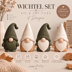 Könnte beinhalten: Ein digitales Produktangebot für ein WICHTEL SET mit 4 Wichtel-Designs. Das Bild zeigt vier 3D-druckbare Wichtelfiguren mit gerippten Mützen und Bärten in Olivgrün, Creme und Beige. Der Text enthält STL & 3MF FILES.