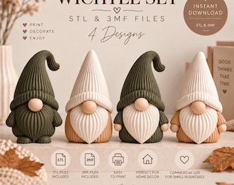 Puede incluir: Un listado de producto digital para un WICHTEL SET con 4 diseños de gnomos. La imagen muestra cuatro figuras de gnomos imprimibles en 3D con gorros y barbas acanalados en colores verde oliva, crema y beige. El texto incluye STL & 3MF FILES.