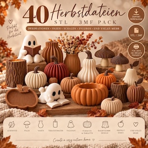 Könnte beinhalten: Eine digitale Sammlung von 40 herbstlichen 3D-Druckdateien, darunter lesende Geisterfiguren, verschiedene Kürbisse, Pilzskulpturen, Baumstamm-Teelichthalter, Vasen und Schalen in den Farben Orange, Braun, Weiß und Creme.