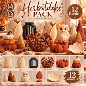 Pode incluir: Uma coleção digital de 12 arquivos imprimíveis em 3D intitulada Herbstdeko Pack, apresentando itens decorativos, incluindo vasos em forma de tulipa, um vaso preto com ripas, uma estatueta de coruja, abóboras empilhadas e tigelas em forma de folha.