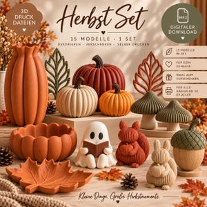 May include: A digital download set of 15 3D printable autumn-themed models including a vase, pumpkins, mushrooms, a ghost reading a book, a squirrel, a rabbit, an acorn, and leaf-shaped dishes. The text reads Herbst Set, 15 Modelle, 1 Set.