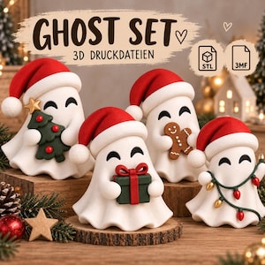Könnte beinhalten: Ein Set aus vier weißen Geisterfiguren mit roten Weihnachtsmützen. Eine hält einen grünen Weihnachtsbaum, eine ein grünes Geschenk mit roter Schleife, eine einen braunen Lebkuchenmann und eine ist mit einer Lichterkette mit roten und gelben Lichtern umwickelt.