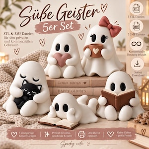 Puede incluir: Un conjunto de cinco figuras de fantasmas blancos en varias poses: sosteniendo un corazón rosa, con un lazo rosa y una taza, abrazando un gato negro, tumbado leyendo un libro y sentado leyendo un libro. El texto incluye Süße Geister 5er Set.