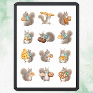 Squirrel Digital Planner Stickers | Watercolor Bakery Bread GoodNotes Stickers | Cute Precropped PNG for Digital Journal | Personal Use