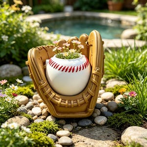 May include: A tan baseball glove-shaped planter holding a white baseball-themed pot with red stitching details. The planter contains small white and pink flowers with green stems, creating a decorative display for a garden or outdoor space.