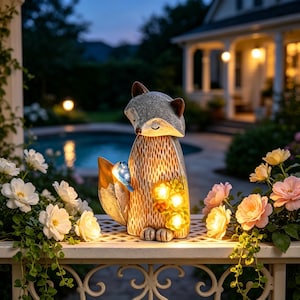 Peut inclure: Une lampe de jardin en forme de renard au corps texturé gris et beige, avec un petit oiseau bleu perché sur sa queue et des accents floraux jaunes lumineux sur le côté. La sculpture émet une lumière chaude depuis son corps et ses détails.