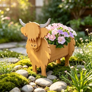 May include: A wooden planter shaped like a Highland cow with light brown wood grain, featuring two grey horns and a hollow back section filled with light pink and purple petunia flowers, standing on four legs in a garden setting.
