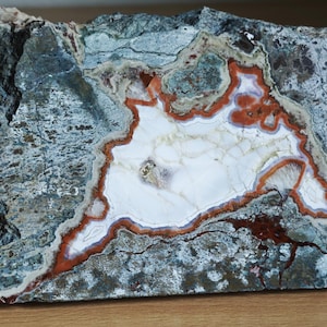 Op de afbeelding: Een ruw, ongepolijst gesteente met een centrale witte kristallijne kern omringd door duidelijke banden van donkerrode en oranje minerale afzettingen. De buitenranden van de steen zijn getextureerd en vertonen tinten grijs, groen en bruin.