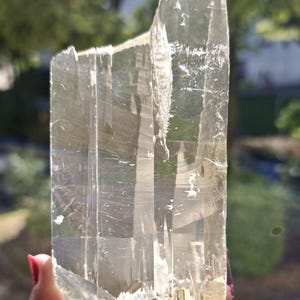 Peut inclure: Un grand spécimen de cristal de sélénite transparent et translucide, de forme rectangulaire plate avec des stries verticales. Le minéral présente une surface lisse semblable à du verre avec des fractures internes visibles et une base opaque rugueuse.