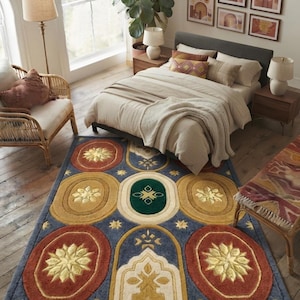 Handgetufteter Wollteppich – Rechteckiger Teppich in Blau, Rost und Gold – Fußmatte mit himmlischem Medaillonmuster – Boho-Wohnzimmerdeko