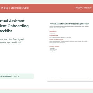 May include: A digital Virtual Assistant Client Onboarding Checklist workbook preview. The document features sections for client intake, access and assets, kickoff workflow, and handoff review, with text detailing the buyer outcome and usage instructions.