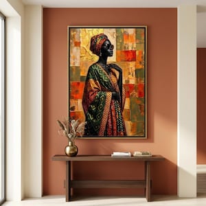Afrocentric Wall Art, African Woman Portrait Print, Ankara Pattern Textured Painting, Black Woman Wall Decor, Modern Digital Download
