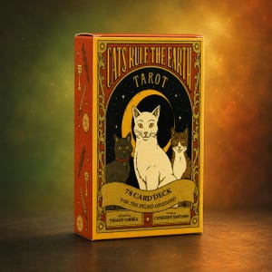May include: A rectangular tarot card deck box titled Cats Rule The Earth, featuring illustrations of three cats against a crescent moon and starry night sky. The orange and yellow box includes the text 78 Card Deck For The Feline-Obsessed.
