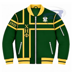 May include: A dark green bomber jacket with yellow trim and accents. The jacket features a yellow cross design, the Greek letters XHΦ, the year 1932, and a crest on the chest. It includes a silver front zipper and two zippered side pockets.