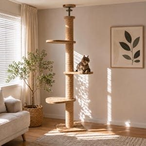 Floor to Ceiling Cat Tree | Adjustable 250-270cm Wooden Cat Scratching Post with Climbing Platforms | Modern Cat Tower for Indoor Cats