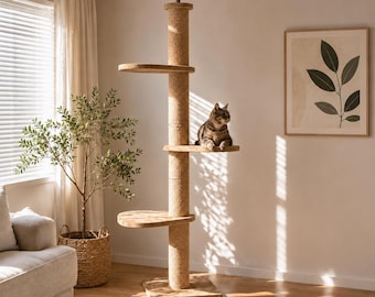 Krabpaal van vloer tot plafond | Verstelbare houten krabpaal van 250-270 cm met klimplatformen | Moderne krabpaal voor binnenkatten