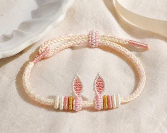 Pulsera de conejito DIY, pulsera con dije de flor rosa hecha a mano, pulsera de cuentas personalizada, pulsera tejida con orejas de conejo kawaii, regalo de amistad ajustable