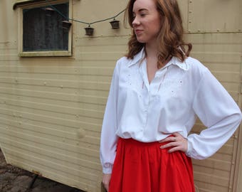 Vintage White Lace and Embroidery Collared Blouse