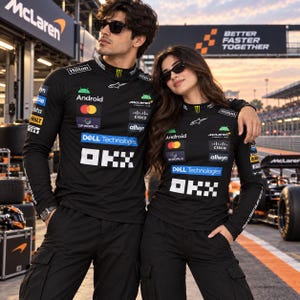 May include: Two individuals wearing matching black long-sleeve shirts featuring the McLaren Formula 1 team branding, including logos for Android, Dell Technologies, OKX, Cisco, and Hilton, paired with black cargo pants and dark sunglasses.