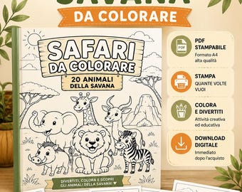 20 Animali della Savana da Colorare | Libro da Colorare per Bambini | PDF Stampabile | Attività Educativa sugli Animali