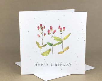 Plantable Eco-Friendly Seeded Card / Happy Birthday ... Three Floral Sprigs