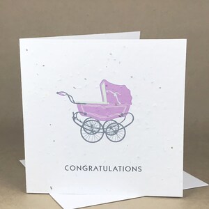 Pflanzbare Öko-freundliche Seeded Karte / Herzlichen Glückwunsch zu Ihrer Baby-Nachricht ... Retro Rosa Kinderwagen