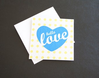 Plantable Eco-Friendly Seeded Card / Hello Love Turquoise Heart on Yellow Polka Dot Background