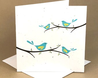 Plantable Eco-Friendly Seeded Card / Birds on Branch .. Shades of Turquoise Blues and Greens