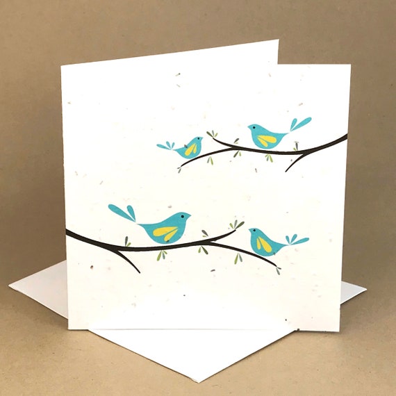 Plantable Eco-Friendly Seeded Card / Birds on Branch .. Shades of Turquoise Blues and Greens