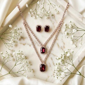 Rose Gold Double Layered Ruby Crystal Jewelry Set, Emerald Cut Wine Red Necklace Set, Bridal Wedding Guest Party Wear Jewelry Set For Women