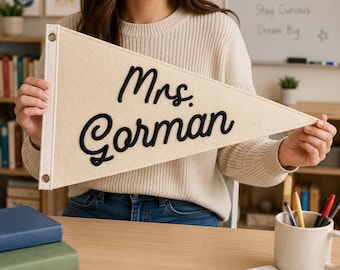 Personalized Embroidered Teacher Felt Pennant, Custom Classroom Pennant Sign, Teacher Name Door Decor, Back To School Gift