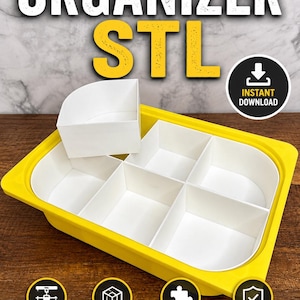 Könnte beinhalten: Ein gelbes rechteckiges Tablett mit sechs weißen modularen Fächern, wobei ein weißes Fach obenauf platziert ist. Das Bild enthält den Text ORGANIZER STL, INSTANT DOWNLOAD, 3D PRINT READY, MULTIPLE VERSIONS, EASY TO ASSEMBLE und PRACTICAL & STURDY.