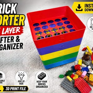 May include: A five-layer stackable brick sorter and organizer with a red top tray featuring circular holes. Each layer is color-coded and numbered from one to five, including blue, green, yellow, purple, and red sections. Small plastic building bricks are scattered nearby.