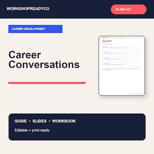 Peut inclure: Un kit numérique intitulé Ready-To-Run Manager Workshop par WorkshopReadyCo. Il comprend un document Career Conversations avec une page Map Path, incluant un guide, des diapositives et un cahier d'exercices. Design bleu marine, blanc et corail.
