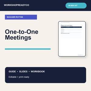 May include: A digital kit titled Ready-To-Run Manager Workshop featuring a 90-min kit, One-to-One Meetings guide, slides, and workbook. The document displays a page titled Diagnose the Current Pattern with a table for tracking meeting patterns.