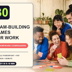 Op de afbeelding: Een digitale afbeelding met een crèmekleurige achtergrond met de tekst 30 TEAM-BUILDING GAMES FOR WORK, NO AWKWARD ICEBREAKERS, EDITABLE POWERPOINT + PDF, IN-PERSON + REMOTE en READY IN 5-18 MIN, naast een foto van een diverse lachende groep.