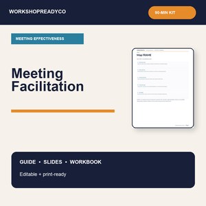 Op de afbeelding: Een digitale kit getiteld Ready-To-Run Manager Workshop van WorkshopReadyCo, met een 90-minuten kit voor vergaderfacilitatie. Bevat een gids, dia's en een werkboek met bewerkbare, printklare bestanden en een Map Frame document.
