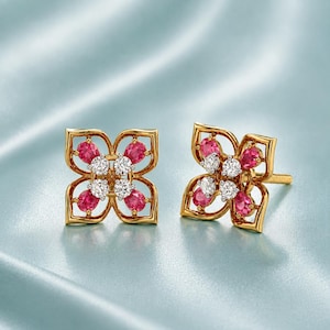 Pendientes de botón con forma de flor de rubí de 0,88 quilates en oro de 10K/14K/18K, pendientes florales de diamantes en oro, pendientes de trébol con gema roja, regalo de joyería fina de lujo para ella.