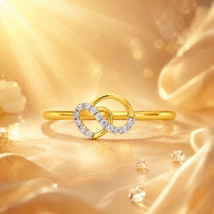 Pode incluir: Um anel de ouro com um design central de dois elos entrelaçados, sendo um deles incrustado com pequenas pedras claras e brilhantes. A banda é lisa e polida, exibindo um acabamento metálico brilhante e reflexivo em toda a peça.