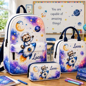Personalized Space Raccoon Backpack Set, Custom Name Kids School Backpack, Rocket Raccoon Lunch Bag Pencil Case,Back to School Gift for Boys