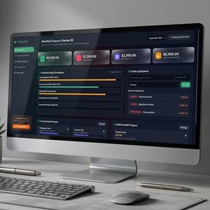 May include: A computer monitor and tablet displaying a budget planner web app with dark mode glassmorphism cards, charts, and financial data. Text reads: Budget Planner Web App showcasing income/expense glassmorphism cards 03. NO-SPREADSHEET BUDGET PLANNER Track Bills, Savings & Debt Payoff.